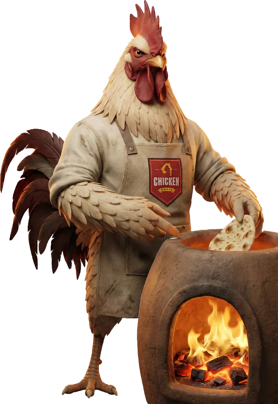 Le coq de Chicken House devant le tandoor