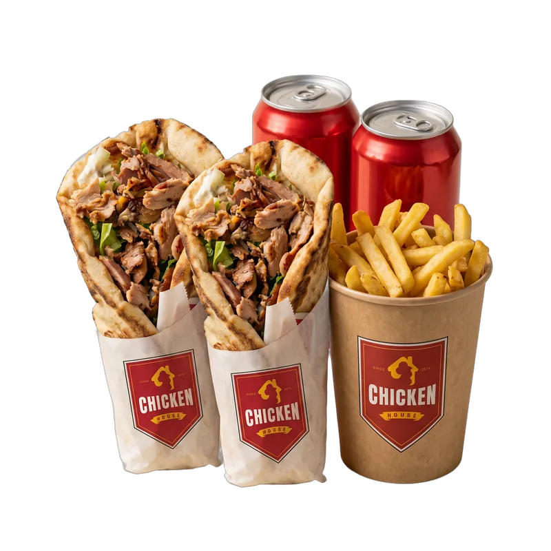 Pack Étudiant Lamma, 2 Naans Chawarma, frites 200 g, 2 boissons 33 cl, Chicken House Tunis